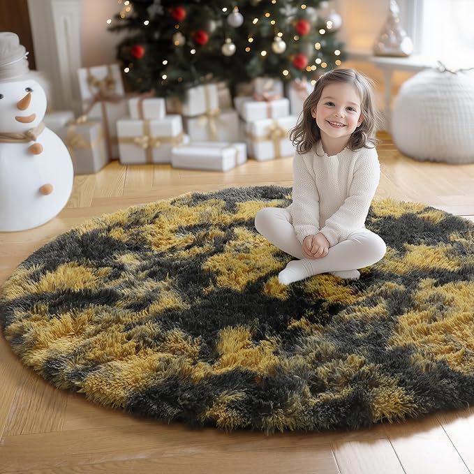 Amdrebio Black Gold Yellow Grey Round Circle Rugs 5Ft for Bedroom Living Room Decor, Fluffy Furry Area Rug for Kids Room Dorm Home Office, Modern Cool Leopard Cheetah Shag Carpet for Teen Boys Men