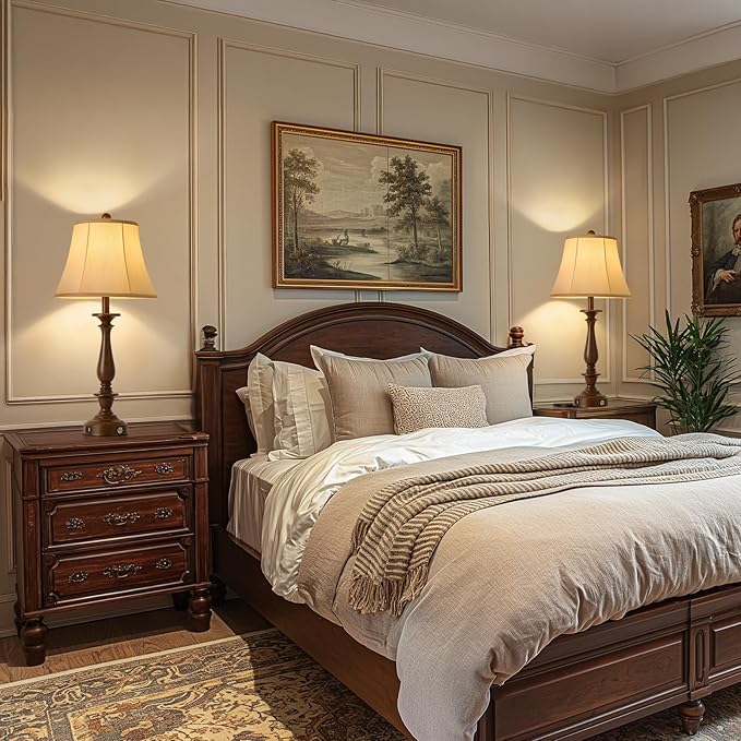 AIDENOEY 28.5" Traditional Table Lamp Set of 2, Rustic Farmhouse Table Lamps for Living Room Bedroom, Bedside Desk Lamps Vintage Nightstand Lamps with Silk Fabric Shades, Antique Walnut