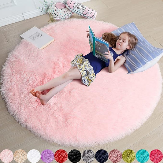 Amdrebio Light Pink Round Rug 4Ft for Girls Bedroom, Fluffy Circle Area Rugs for Kids Room Decor Aesthetic, Cute Shag Fuzzy Carpet for Nursery, Preppy Dorm, Classroom, Playroom, Teen, Baby, Washable