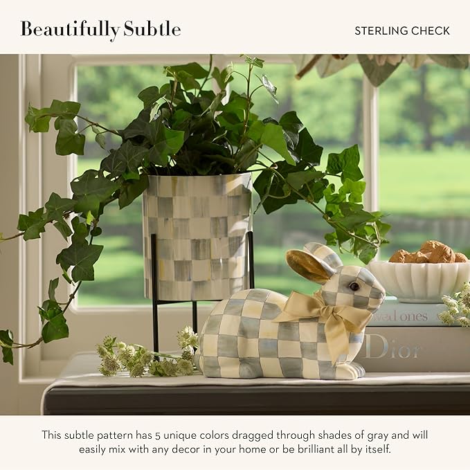 MACKENZIE-CHILDS Tabletop Ceramic Planter with Stand, Decorative Pot for Indoor Plants, Gray-and-White Sterling Check