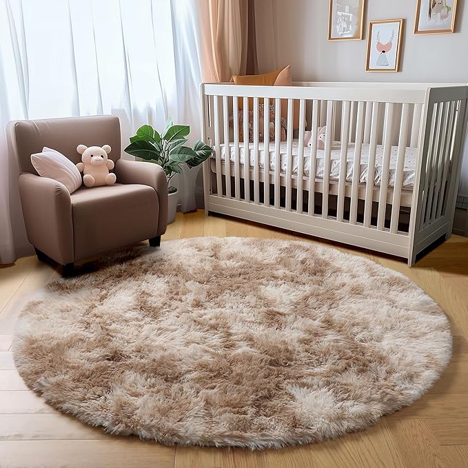 Amdrebio Tie-Dyed Beige Tan Round Circle Area Rug 5Ft for Bedroom, Fluffy Plush Shag Furry Rugs for Kids Room, Living Room Decor Aesthetic, Cute Fuzzy Neutral Carpet for Baby Nursery Playroom Dorm