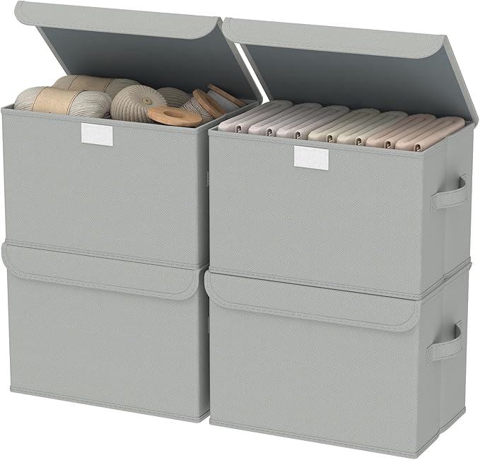 Fabric Storage Bin with Lid, Closet Boxes with Cover, Collapsible Stackable Organizer Basket with 2 Handles, for Home and Bedroom, 4 Pack, Grey, 10.2 x 7.9 x 6.7 In, XSNY12GS-4