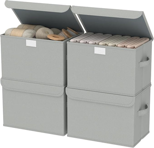 Foldable Storage Bin, Cube Organizer Basket with Flip-Top Lid and 2 Handles, Decorative Boxes for Shelves with Cover for Clothes, Towels, Blanket, 4 Pack, Grey, 13 x 9 x 7.9 In, XSNY12GM-4