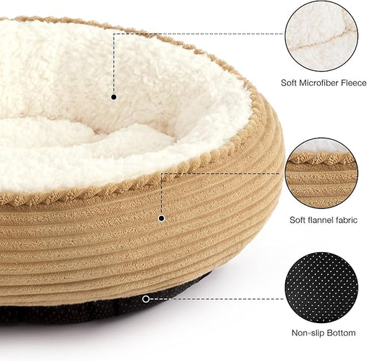 Love's cabin Round Donut Cat and Dog Cushion Bed, 25in Pet Bed for Small or Medium Dogs, Anti-Slip & Water-Resistant Bottom, Soft Durable Fabric Pet Beds, Washable Calming Cat Bed Camel Stripe
