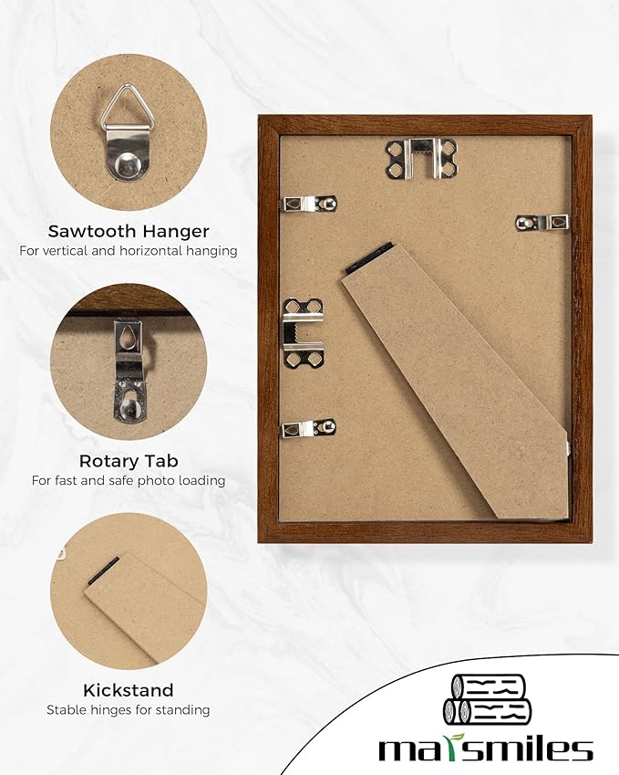 Marsmiles 6x8 Wooden Picture Frame, USA-Sourced Natural Oak Solid Wood Photo Frame with Plexiglass for Display Pictures 5x7 with Mat or 6x8 without Mat, Walnut, 1 Pack