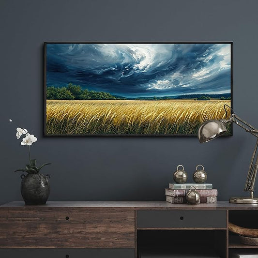 yiijeah Blue Abstract Canvas Wall Art - Rustic Wall Decor Living Room Bedroom Office Paintings Picture Framed Artwork for Walls Forest Landscape Sky Black Cloud Home Decoration