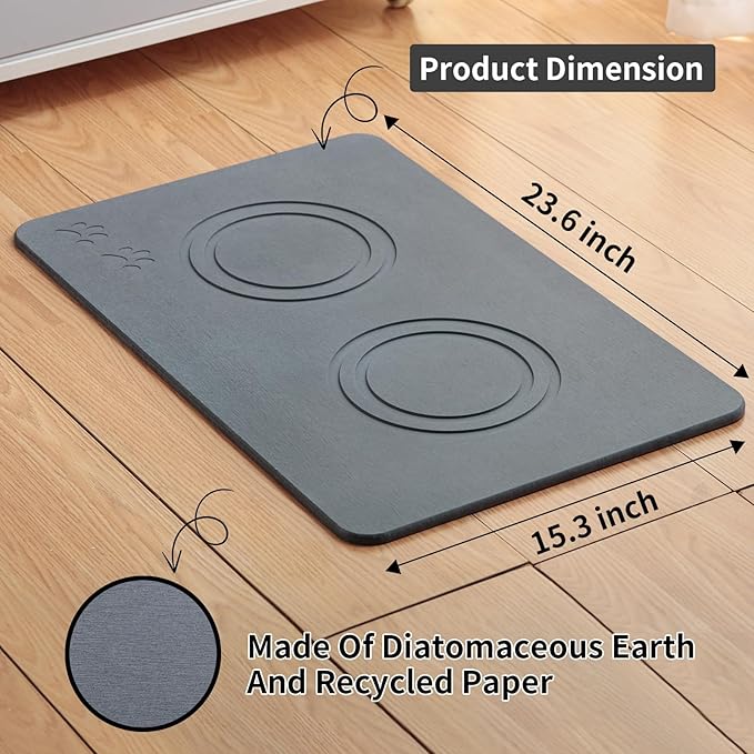 Home Dog Cat Bowl Stone Mat–Natural Diatomite Stone Pet Bowls Mat, Pet Feeding Mat, Modern and Stylish Pet Feeding Station–Non-Slip, Quick Drying Mat,Dog Food Water Bowls Mat Deep Grey