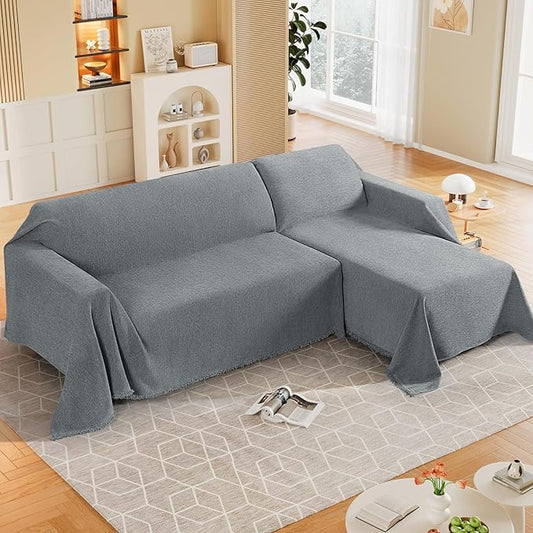 KinCam Couch Covers for 3-4 Cushion Couch Sofa Cover Washable Sectional Couch Cover for Dogs Tassel Sofa Blanket Cover Pet Friendly Soft and Durable for Most Furniture(71" x 150", Grey)