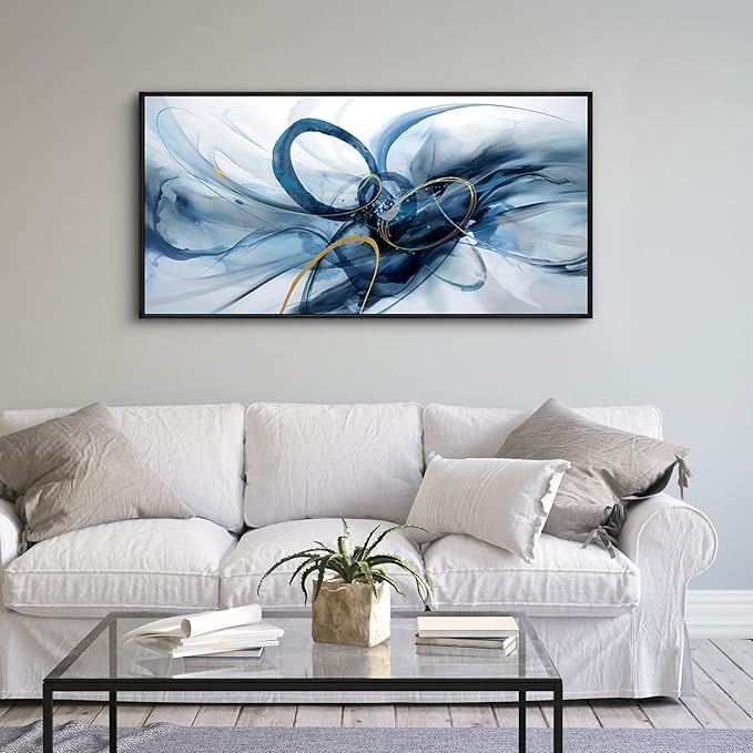 XLSJERST Frame Wall Art - Modern Abstract Canvas Wall Art Blue and White Picture Artwork for Office Bedroom Home Decoration