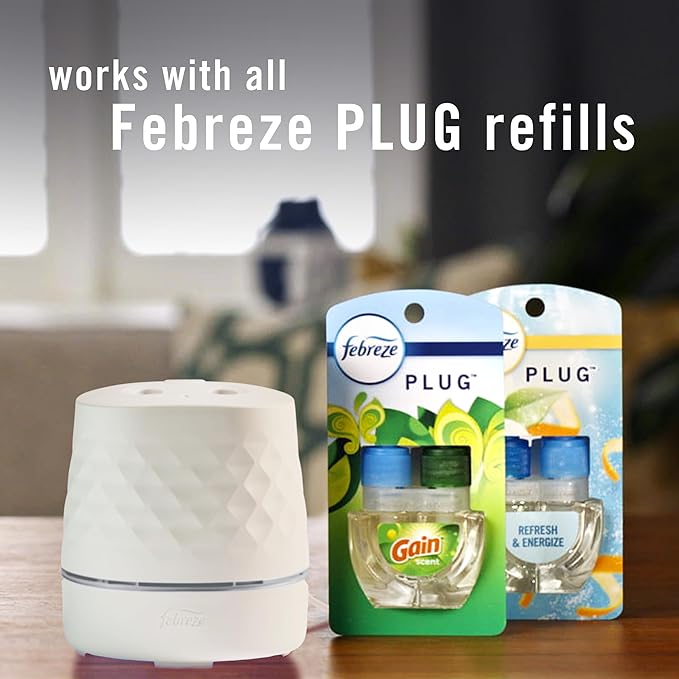 Febreze Plug Scent Booster Starter Kit, Oil Diffuser, Air Freshener Plug in, Continuous Scent Device + 2 Downy Calm Refills