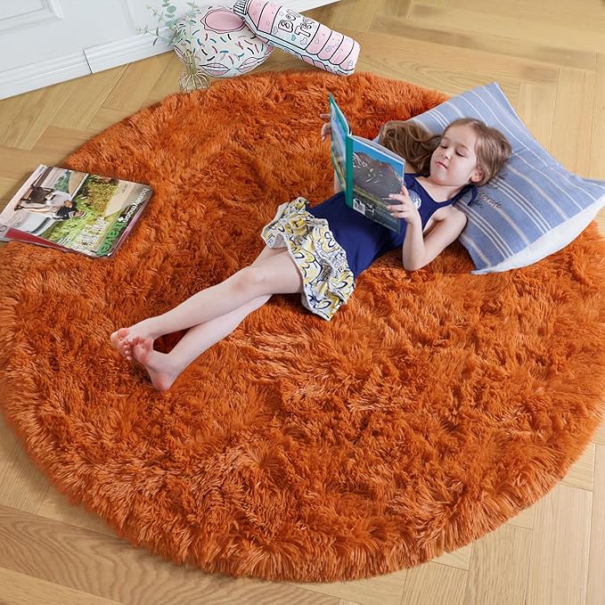 Amdrebio Burnt Orange Round Circle Rug 5Ft for Bedroom Living Room, Fluffy Fuzzy Shaggy Furry Area Rugs for Kids Room Decor Aesthetic, Cute Plush Shag Dark Orange Carpet for Nursery Dorm Classroom