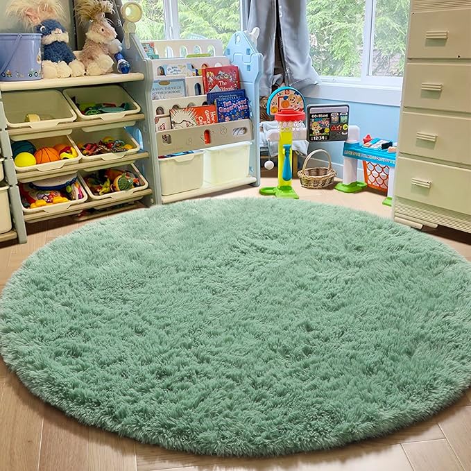 Amdrebio Sage Green Round Rug 6Ft for Living Room Bedroom, Fluffy Furry Circle Rugs for Nursery, Classroom, Baby Kids Room Decor, Cute Shaggy Area Rug for Teen Boys, Fuzzy Plush Light Mint Carpet