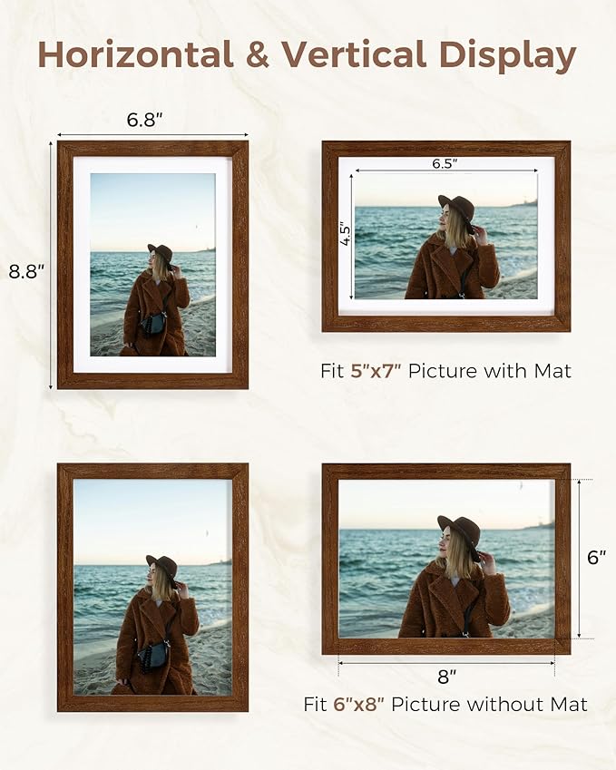 Marsmiles 6x8 Wooden Picture Frame, USA-Sourced Natural Oak Solid Wood Photo Frame with Plexiglass for Display Pictures 5x7 with Mat or 6x8 without Mat, Walnut, 1 Pack