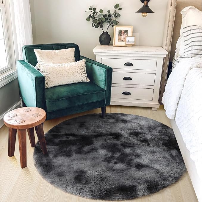 Amdrebio Tie-Dyed Dark Grey Round Area Rugs for Living Room, 7x7 Rug, Soft Thick Large Circle Rug for Bedroom, Big Shag Fluffy Plush Carpet for Mens Boys Kids Room, Modern Cool Furry Circular Rug