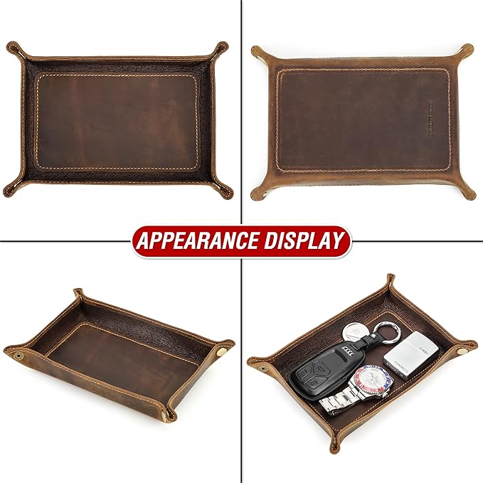 Top Grain Leather Desk Valet Tray Organizer for Man & Woman, Handmade Vintage Design, Foldable Design with Snap Buttons, Desk Organizer for Wallets/Watches/Keys/Coins/Office Supplies, Coffee, Medium