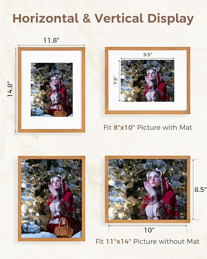 Marsmiles 11x14 Wooden Picture Frame, USA-Sourced Natural Oak Solid Wood Photo Frame with Plexiglass for Display Pictures 8x10 with Mat or 11x14 without Mat, Teak, 3 Pack