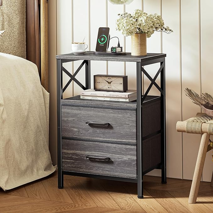 Huuger Nightstands Set of 2, Night Stand with Charger Station, 2 Drawer Side Table with Open Shelf, USB-C Port, End Table for Small Spaces, X Shaped Side Rail, Charcoal Black