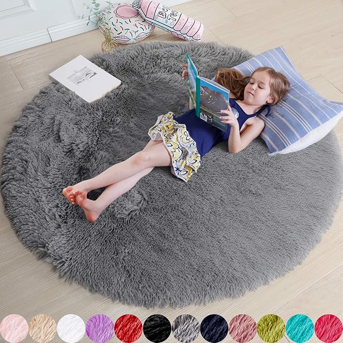 Grey Round Rugs 5Ft for Living Room Bedroom Aesthetic, Fluffy Fuzzy Shag Shaggy Circle Area Rug for Kids Room Decor, Furry Soft Plush Indoor Floor Gray Carpet for Baby Nursery Preppy Dorm Home Office