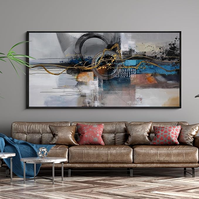 XLSJERST Large Abstract Frame Wall Art - Black and Blue Cnavas Framed Artwork for Walls Modern Minimalist Boho Gray Pictures Wall Decor for Living Room Bedroom Office Home Decoration 29x58 Inches