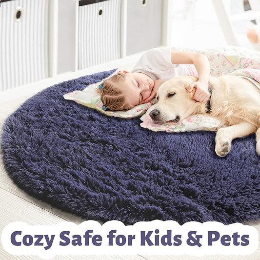 Purple Gray Round Rugs 5Ft for Bedroom Decor Aesthetic, Fluffy Fuzzy Circle Area Rug for Teen Boys, Baby Kids Playroom, Shaggy Fur Carpet for Living Room, Home Office, Nursery, Preppy Dorm, Classroom