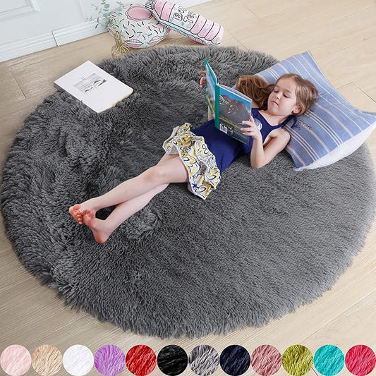 Grey Round Rugs 4Ft for Living Room Bedroom, Fluffy Fuzzy Shag Shaggy Circle Area Rug for Kids Room Home Office Decor Aesthetic, Furry Soft Plush Indoor Floor Gray Carpet for Baby Nursery Preppy Dorm