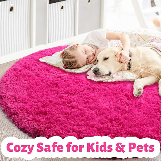 Hot Pink Round Rug 4Ft for Girls Bedroom, Fluffy Circle Area Rugs for Kids Room Decor Aesthetic, Shag Plush Fuzzy Furry Carpet for Living Room, Nursery, Dorm, Classroom, Teen, Cute Shaggy Baby Rug