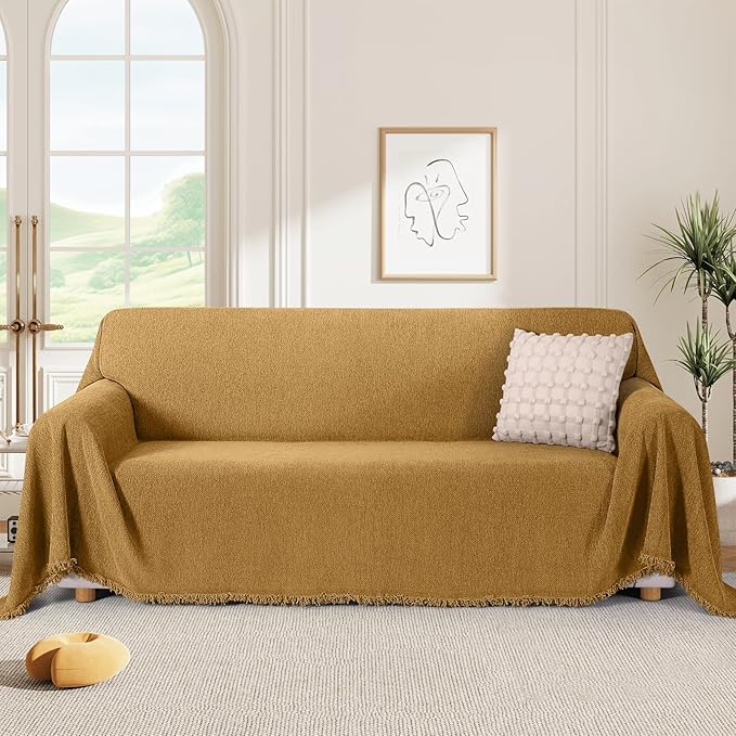 KinCam Couch Covers for 3 Cushion Couch Sofa Cover Washable Sectional Couch Cover for Dogs Tassel Sofa Blanket Cover Pet Friendly Soft and Durable for Most Furniture(91" x 134", Mustard Yellow)