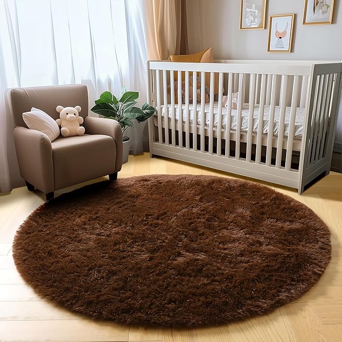 Amdrebio Dark Brown Round Circle Rugs 5Ft for Bedroom, Fluffy Shag Plush Area Rugs for Kids Room, Living Room Decor Aesthetic, Fuzzy Fur Floor Chocolate Coffee Carpet for Playroom Dorm Baby Nursery