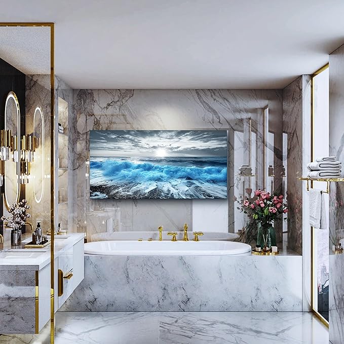 Lapremoly Framed Wall Art For Living Room Large Canvas Wall Decor For Office Blue Beach Painting Ocean Sea Waves Wall Pictures Bedroom bathroom Home Decorations Prints Posters Mural Artwork 20"X40"