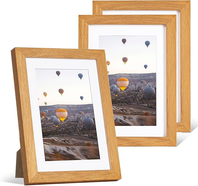 Marsmiles 5x7 Wooden Picture Frame, USA-Sourced Natural Oak Solid Wood Photo Frame with Plexiglass for Display Pictures 4x6 with Mat or 5x7 without Mat, Teak, 3 Pack