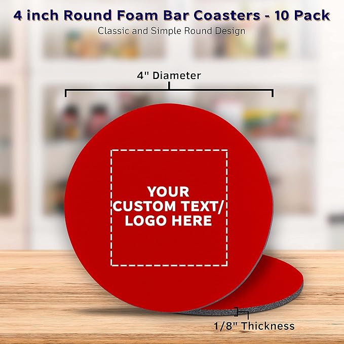 10 Round Foam Bud Coasters Pack, 4 inch - Customizable Text, Logo - PU Foam, Party Favor - Red