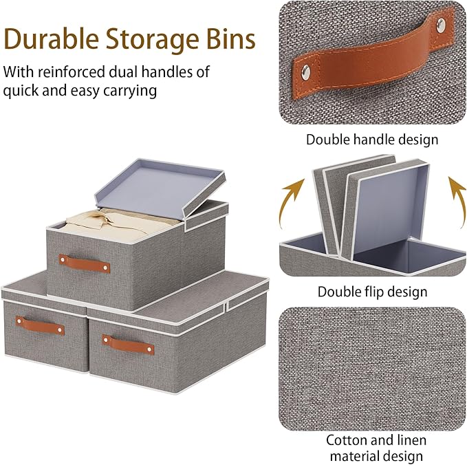 1-Pack Storage Box, Foldable Blanket Basket with Detachable Lid, Linen Closet 0rganizers with Double Handles, Collapsible Cubes for Organizing, Grey, 16.1 x 9.8 x 6.5 inch