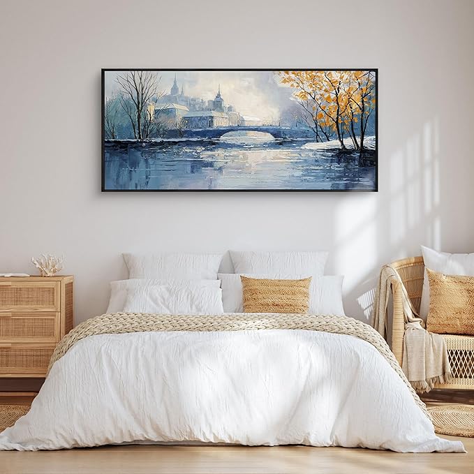 yiijeah Large Picture for Living Room - 70x31 Frames for Home Decorations Abstract Canvas Wall Art Blue and White Extra Large Artwork for Bedroom Office Decoration