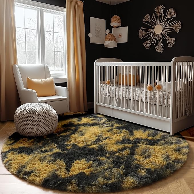 Amdrebio Black Gold Yellow Grey Round Circle Rugs 5Ft for Bedroom Living Room Decor, Fluffy Furry Area Rug for Kids Room Dorm Home Office, Modern Cool Leopard Cheetah Shag Carpet for Teen Boys Men