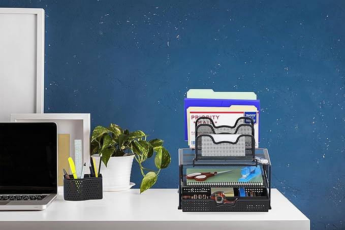 Simple Houseware Mesh Desk Organizer with Sliding Drawer, Double Tray and 5 Stacking Sorter Sections, Black