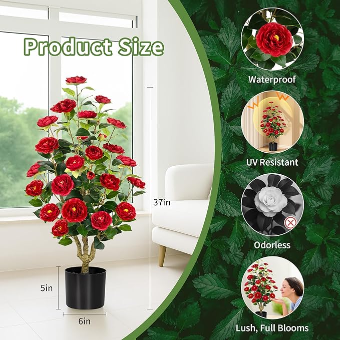 [2-Pack] 37’’ Artificial Camellia Tree with White Flowers, Faux Potted Plant for Indoor & Outdoor Decor, Lifelike Greenery for Home, Office, Porch, or Patio (Red)