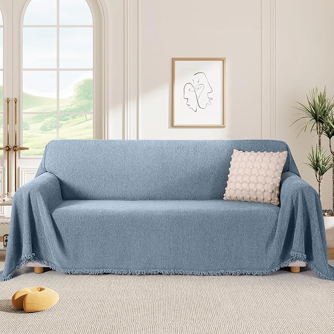 KinCam Couch Covers Washable Oversized Chair Cover Armchair Cover for Dogs Tassel Recliner Chair Sofa Cover Blanket Pet Friendly Soft and Durable for Most Furniture (71" x 71", Blue)