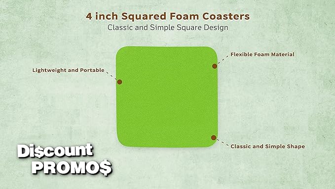 10 Squared Foam Coasters Pack, 4 inch - PU Foam, Foldable - Lime Green