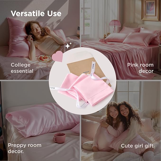 Bedsure Satin Pillowcase 2 Pack Similar to Silk Pillow Cases Standard Size, Pink Pillow Case Covers with Envelope Closure, Home Decor Valentine Gifts for Women Girls,20x26 Inches, 2pcs