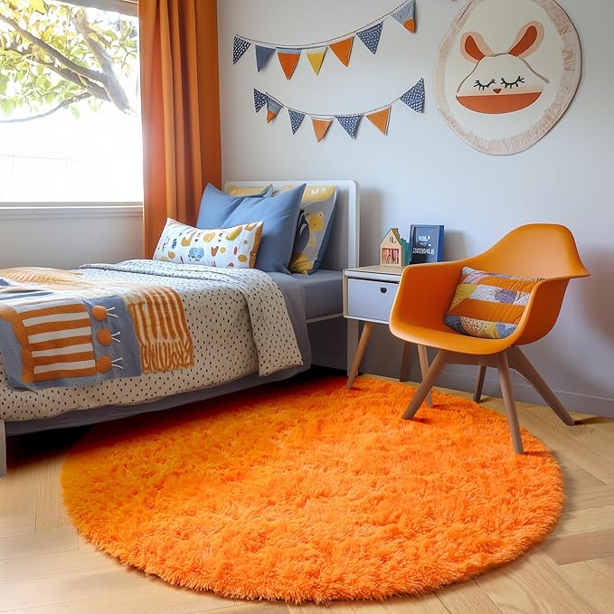 Amdrebio Orange Round Circle Rug 5Ft for Bedroom Living Room, Fluffy Fuzzy Shaggy Area Rugs for Kids Room Decor Aesthetic, Cute Furry Plush Shag Carpet for Baby Nursery Dorm Playroom, Teen Girls Boys