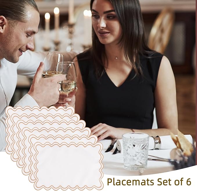 Set of 6 Cotton Linen Placemats, 13''x 19'' Wavy Embroidery Scalloped Placemats Washable Rustic Dinner Waterproof Table Mats (Khaki)