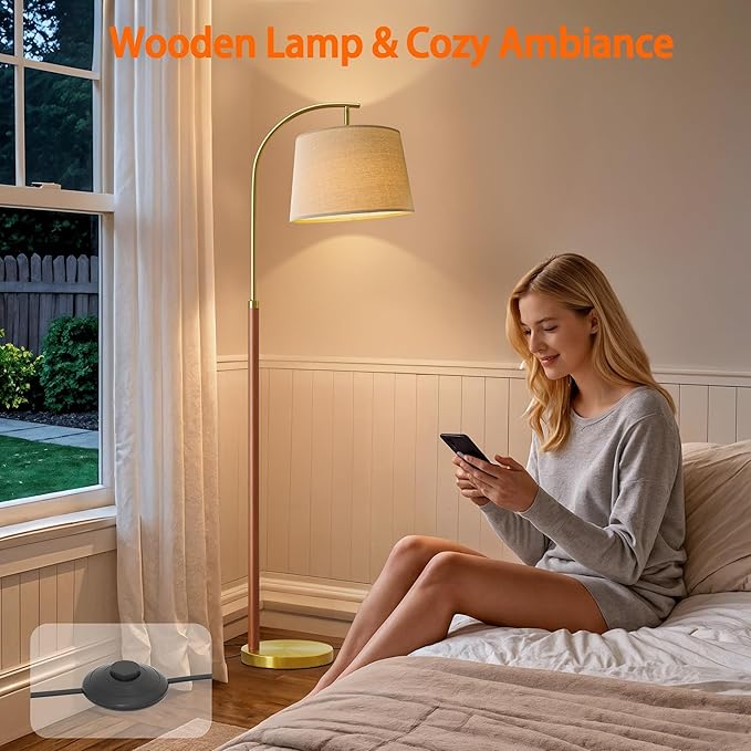 62.5" Wood Floor Lamp for Living Room Gold with Foot Switch Arc Standing Tall Lamps for Bedroom Mid Century Modern Corner Floor Lamps for Office Nursery Industrial Reading Light Room Lamp