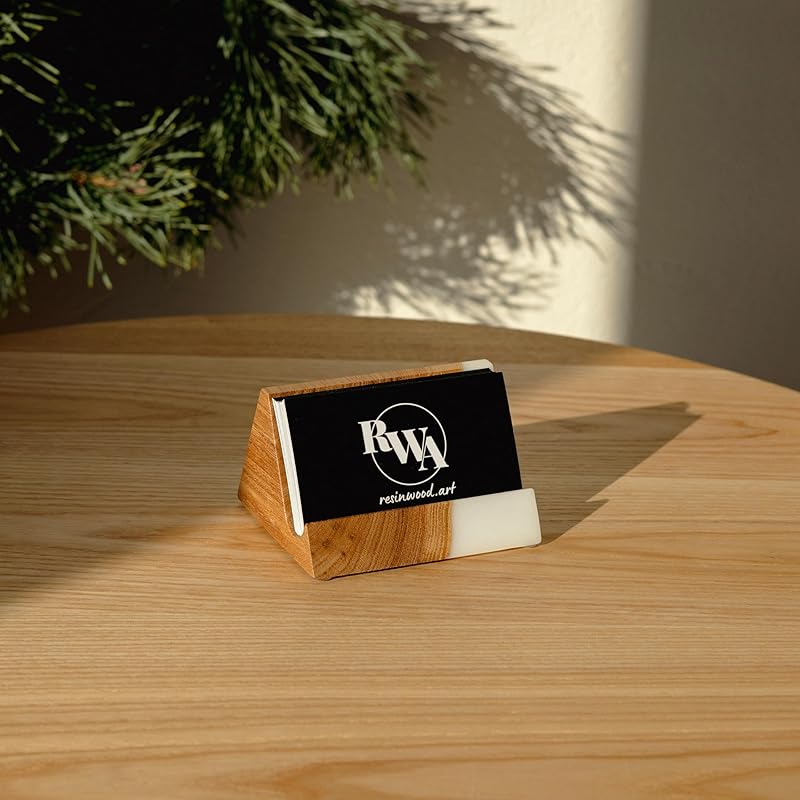 RWA Unique Business Card Holder for Men & Women - Stylish Durable Business Card Display Stand - Premium Desktop Business Card Holders Epoxy Wood Desk Organizer - Office Desk Accessories, BASIC, white