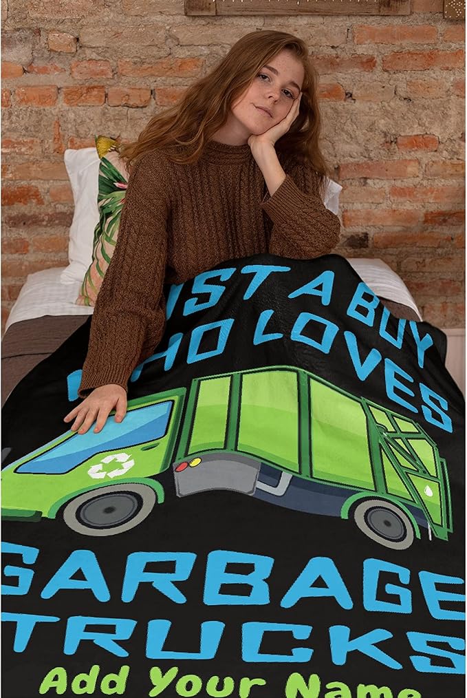 Custom Throw Blanket Just A Boy Who Loves Garbage Truck with Your Text Custom Throw Blanket with Your Text Personalized Blankets Best Gifts for Family, Friends 60"x50" Medium for Teen
