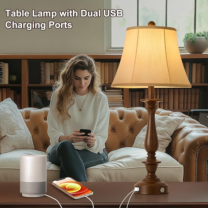 AIDENOEY 28.5" Traditional Table Lamp Set of 2, Rustic Farmhouse Table Lamps for Living Room Bedroom, Bedside Desk Lamps Vintage Nightstand Lamps with Silk Fabric Shades, Antique Walnut