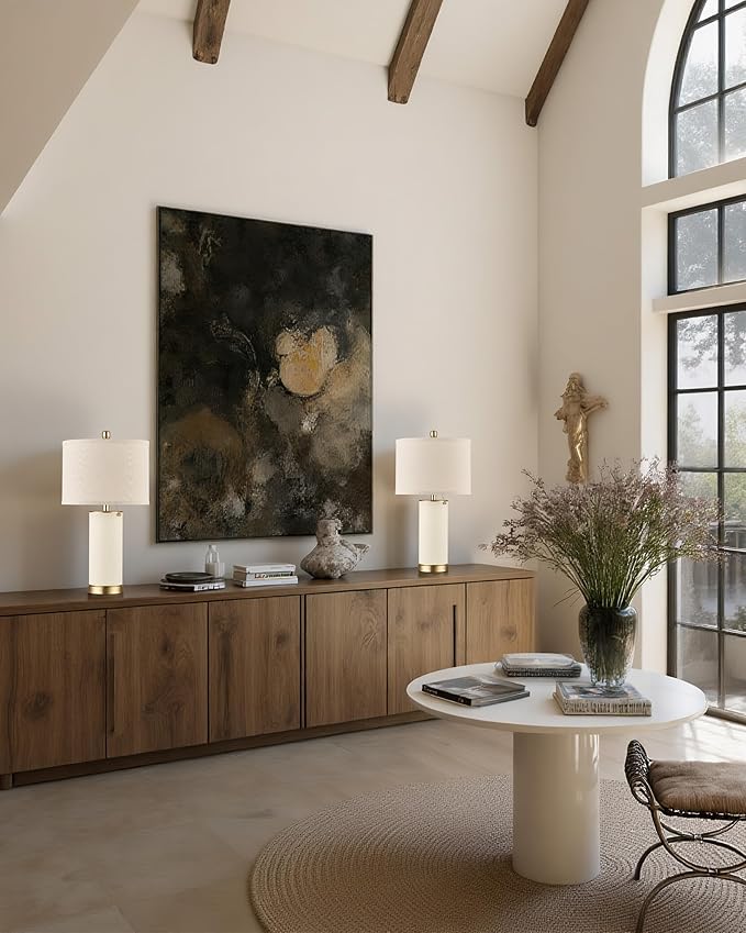 KDG 23.4" White PU Leather Table Lamps for Living Room Set of 2, 3 Level Brightness LED Modern Home Decor Fabric Lampshade Desk Lamp Lighitng for Bedroom, Bedside, Farmhouse, Nightstand, Night Light