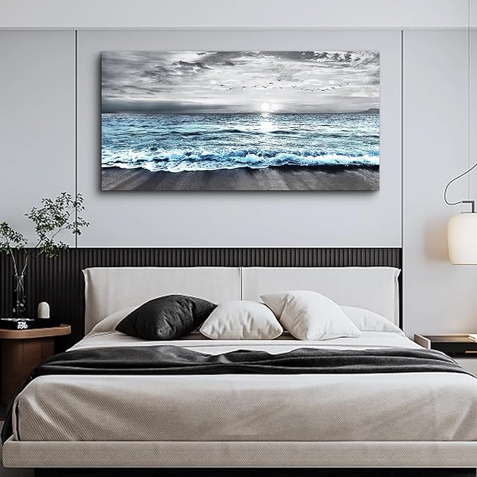 Lapremoly Black And White Beach Wall Painting - Canvas Wall Art For Living Room & Bedroom - Large Decor - Blue Ocean Sea Wave Landscape Pictures Artwork Posters Home Decor