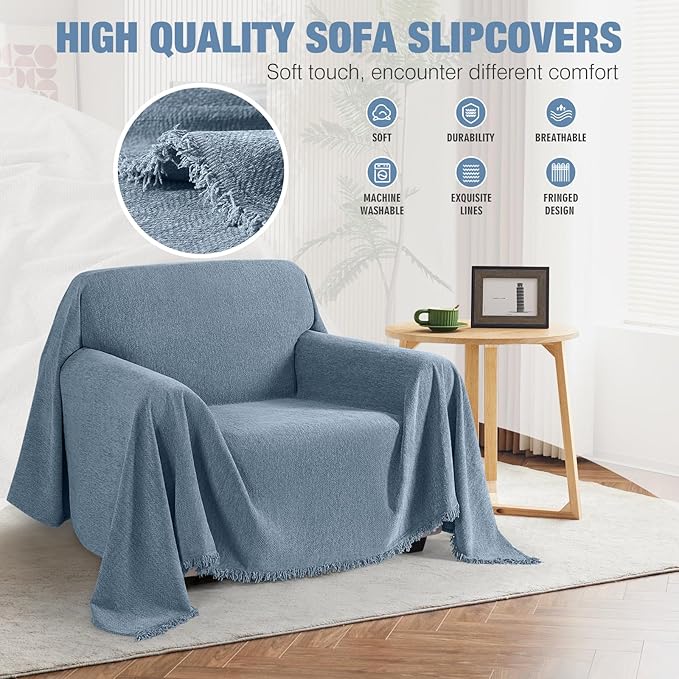 KinCam Couch Covers Washable Oversized Chair Cover Armchair Cover for Dogs Tassel Recliner Chair Sofa Cover Blanket Pet Friendly Soft and Durable for Most Furniture (71" x 71", Blue)