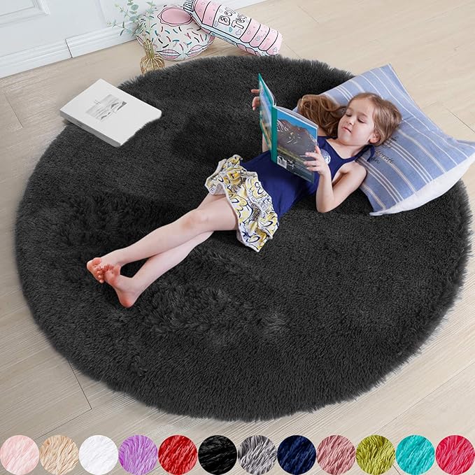 Black Round Rug 4Ft for Bedroom, Fluffy Circle Area Rugs for Living Room Decor Aesthetic, Shaggy Furry Circular Floor Carpet for Office Playroom Nursery Classroom, Modern Baby Kids Teen Boys Mens Rug