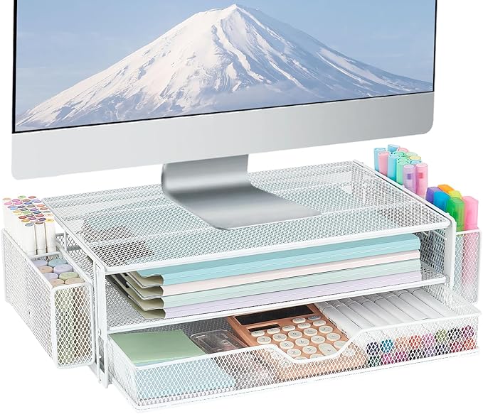 AUPSEN Computer Monitor Stands Riser，2-Tier Desk Organizers and Accessories, Office Desk Accessories Organizer with Drawers and 2 Pen Holder for Office Supplies (White)